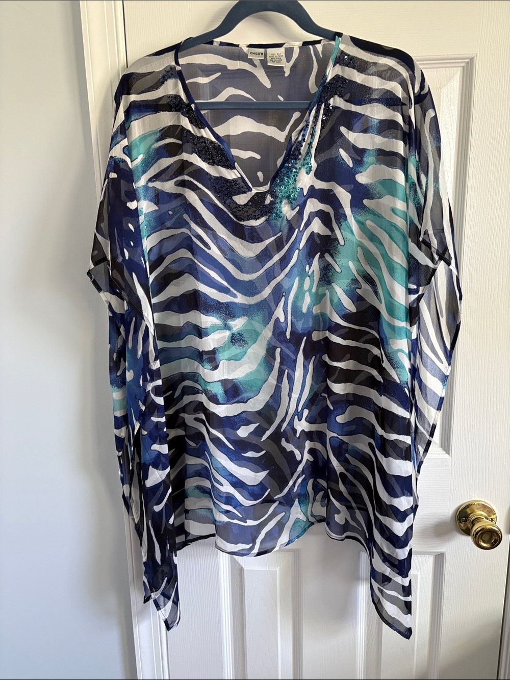 Chico's Silk Sheer Flowy Poncho Top Zebra Animal Print Beaded Neckline One Size